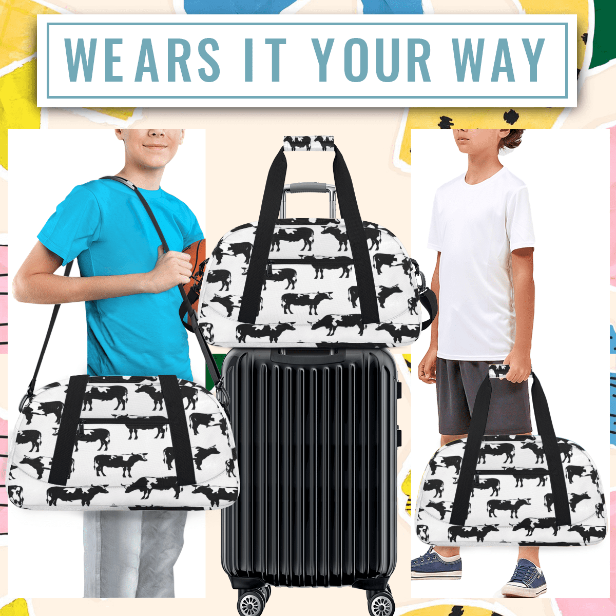 Herdesigns Cute Cow Sports Duffle Bag for Women & Men, Gym Bag Dance Bag Overnight Bag Carry On Weekender Travel Bag