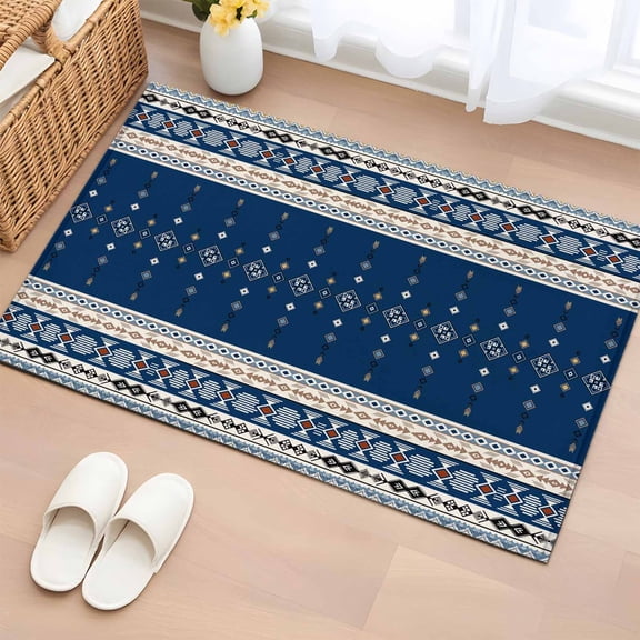 Navy Blue Boho Entryway Rug 2'x3'  Non Slip Front Door Mats, Vintage Ethnic Tribe Abstract Art Entrance Rugs Indoor Outdoor Carpet, Washable Floor Mats Small Area Rug for Bedroom Kitchen