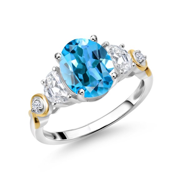 Gem Stone King 925 Silver and 10K Yellow Gold 3-Stone Ring Oval Swiss Blue Topaz and Moissanite (2.75 Cttw, Size 7)