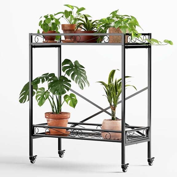 Zhongma 2 Tier Metal Sturdy Narrow Plant Stand with Wheels, Plant Stand Indoor and Outdoor, L45.67 x W10.3 x H29.9 inch, 440 LBS Capacity & Heavy Duty Construction.