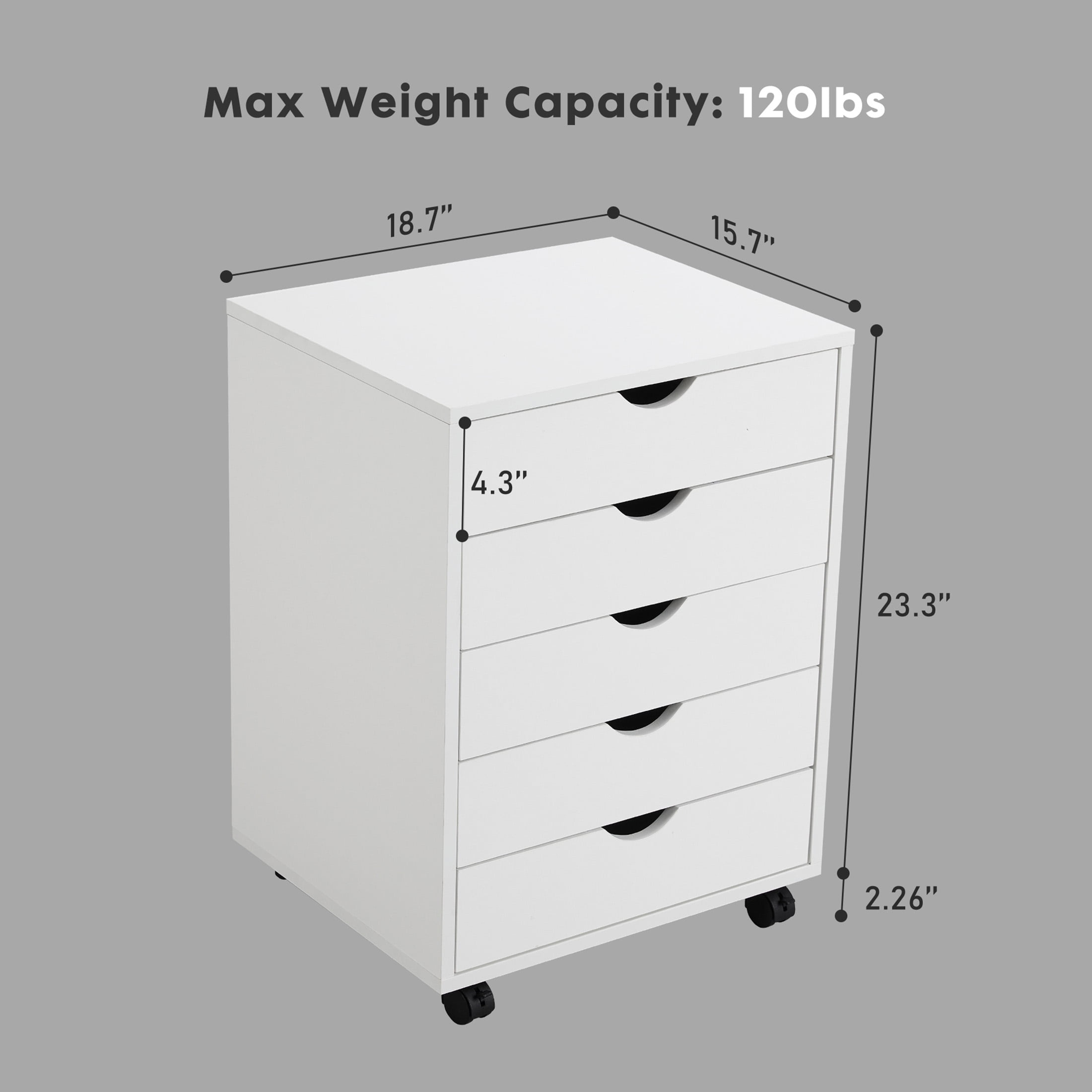 CONCETTA 5-Drawer File Cabinet, Lateral Filing Under Desk Storage Organizer with Wheels for Home Office, White