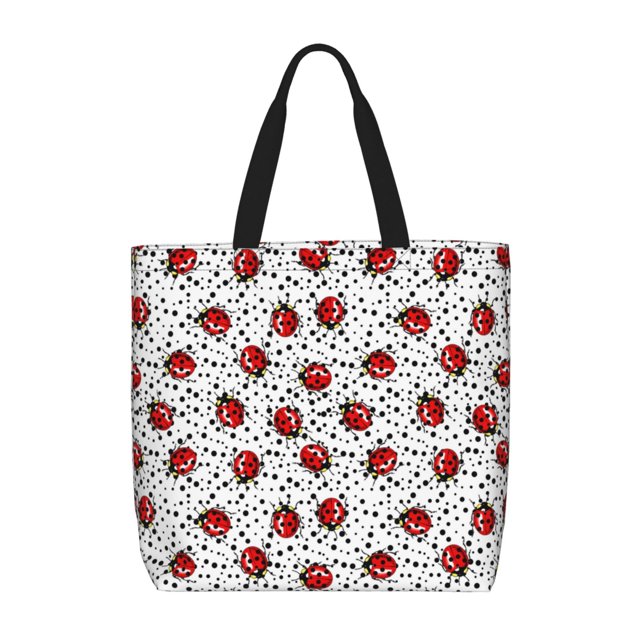 Fotbe Red Ladybugs On Black Dotted Bolsa Tote con Estampado para Mujer, Bolsos con Cremallera, Bolsa de Hombro Casual de Gran Capacidad con Bolsillos Internos