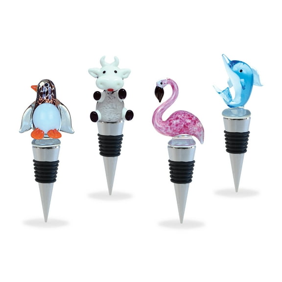 Cheers Flamingo, Dolphin, Penguin, Cow Glass Wine Stopper Set of 4 – Elegant Vacuum Seal Reusable Animals Wine Bottle Stoppers – Airtight Leak Proof Bottle Topper Cork Plug and Bar Tool Accessory