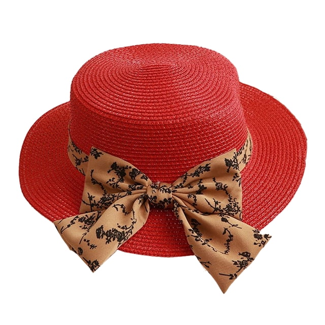 Sombrero de paja con lazo plano para mujer, sombrero de copa pequeño de verano, sombrero de paja para el sol, 56-58cm de circunferencia