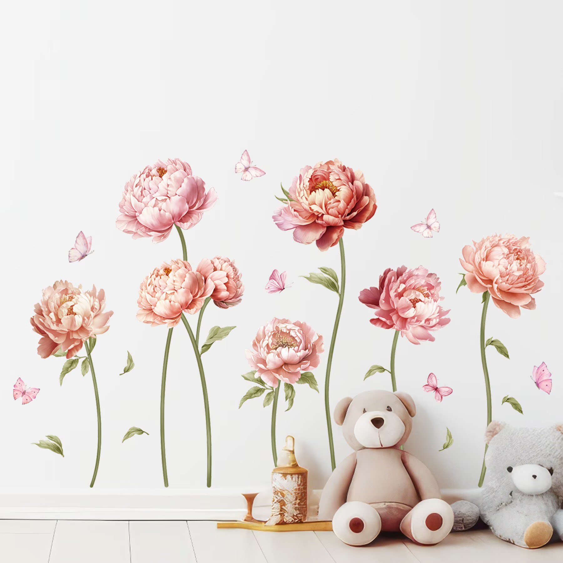 Pink Peony Rose Flower Wall Stickers Boho Floral Transparent sticker Peel and Stick Wall Art Decals for Girls Bedroom Living Room TV Wall Office Wall Decor glass decals