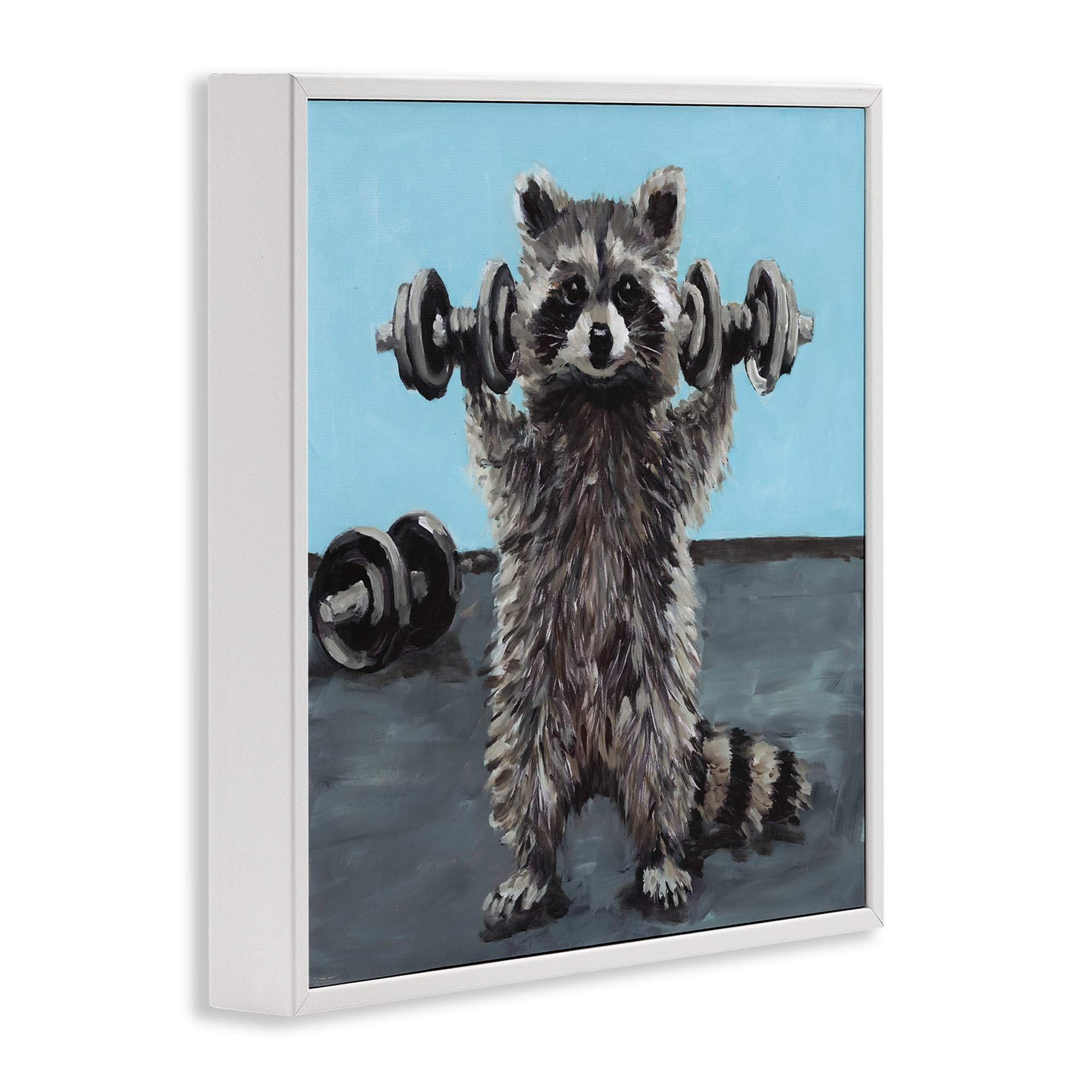 Fitness Raccoon with Weights White Framed Giclee Art, design by Studio Bautista