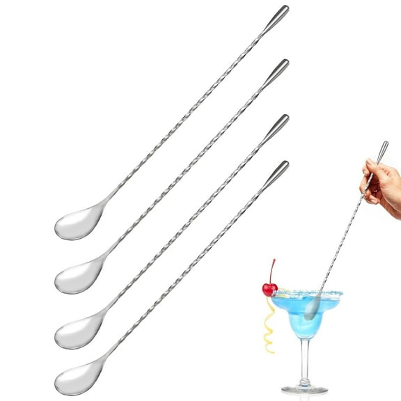 GoXteam 4pcs Bar Spoon Cocktail Mixing Stirrers for Drink, Stainless Steel 12 Inches Long Handle, Silver 4 Pieces