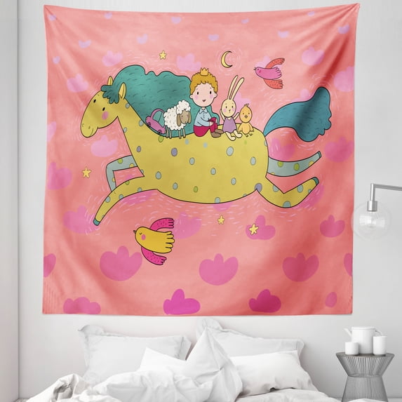Bunny Tapestry, Floating Horse in the Sky with the Friends Birds and Crescent Moon Art, Fabric Wall Hanging Decor for Bedroom Living Room Dorm, 5 Sizes, Coral and Multicolor, by Ambesonne