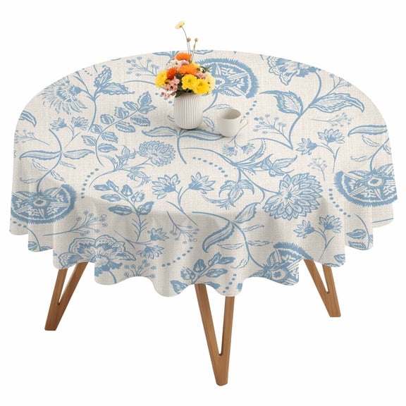Farmhouse Light Blue Floral Round Tablecloth 54 inches Linen Boho Paisley Flower Rustic Waterproof Oil-Proof Table Cloth Round Table Cover for Holiday Party Picnic Dinner Decor Indoor and Outdoor Use