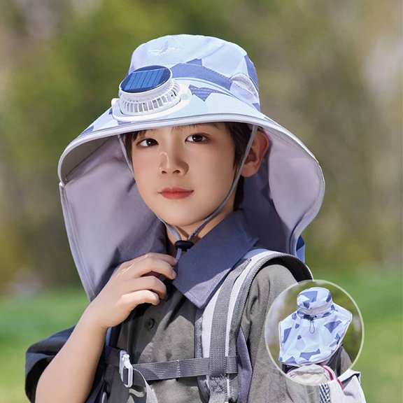 CSSAD Outdoor Wide Brim Sun Hat with Solar Fan, Summer Big Brimmed Shawl Fisherman's Hat for Childen, Sun Bucket Hat for Men Women UPF 50 Bucket Fishing & Beach Hat with Fan, Gray