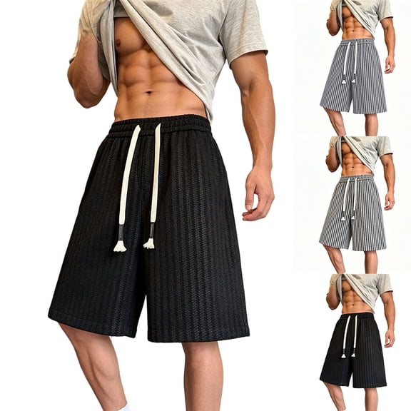 DODADAWANJ Mens Striped Shorts Big and Tall Wide Leg Baggy Short Comfort Elastic Waist Knee Length Shorts with Drawstring L