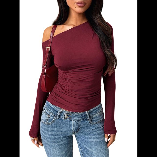 Blusas de Mujer con Hombros Descubiertos, Elegantes, de Larga, Asimétricas, Ajustadas, para Salir, de Otoño, con Frunces. Vino Tinto L