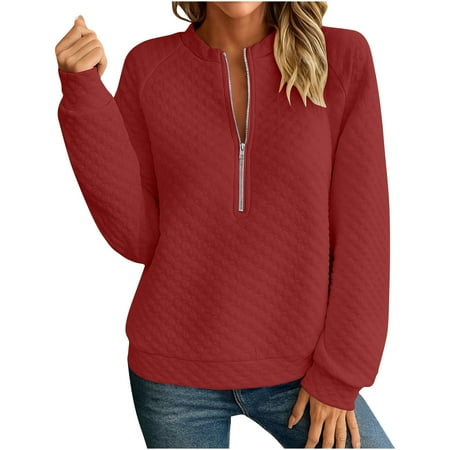 Half Zip Sweatshirts For Women Crew Neck Long Sleeve Pullover Tops Casual Loose 2025 Trendy Fall Winter Outfits (S Wine)
