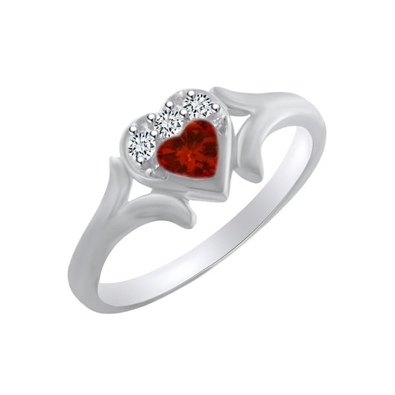 AFFY Heart Shape Simulated Garnet & White Cubic Zirconia Heart Promise Ring In 14k White Gold Over Sterling Silver Ring Size-4