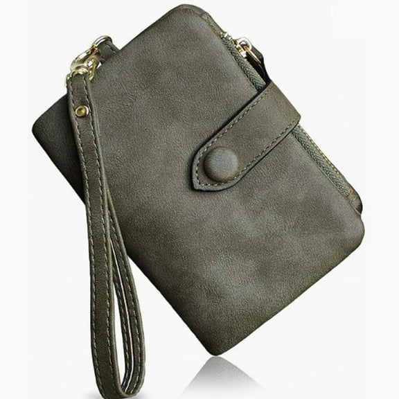 Womens Small Bifold Leather Wallets Ladies Wristlet with Card slots id window Zipper Coin Purse-Military green
