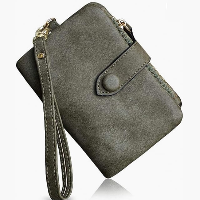 Apuakthei - Cartera pequeña de piel plegable para mujer, con ranuras para tarjetas, ventana de identificación, monedero con cremallera