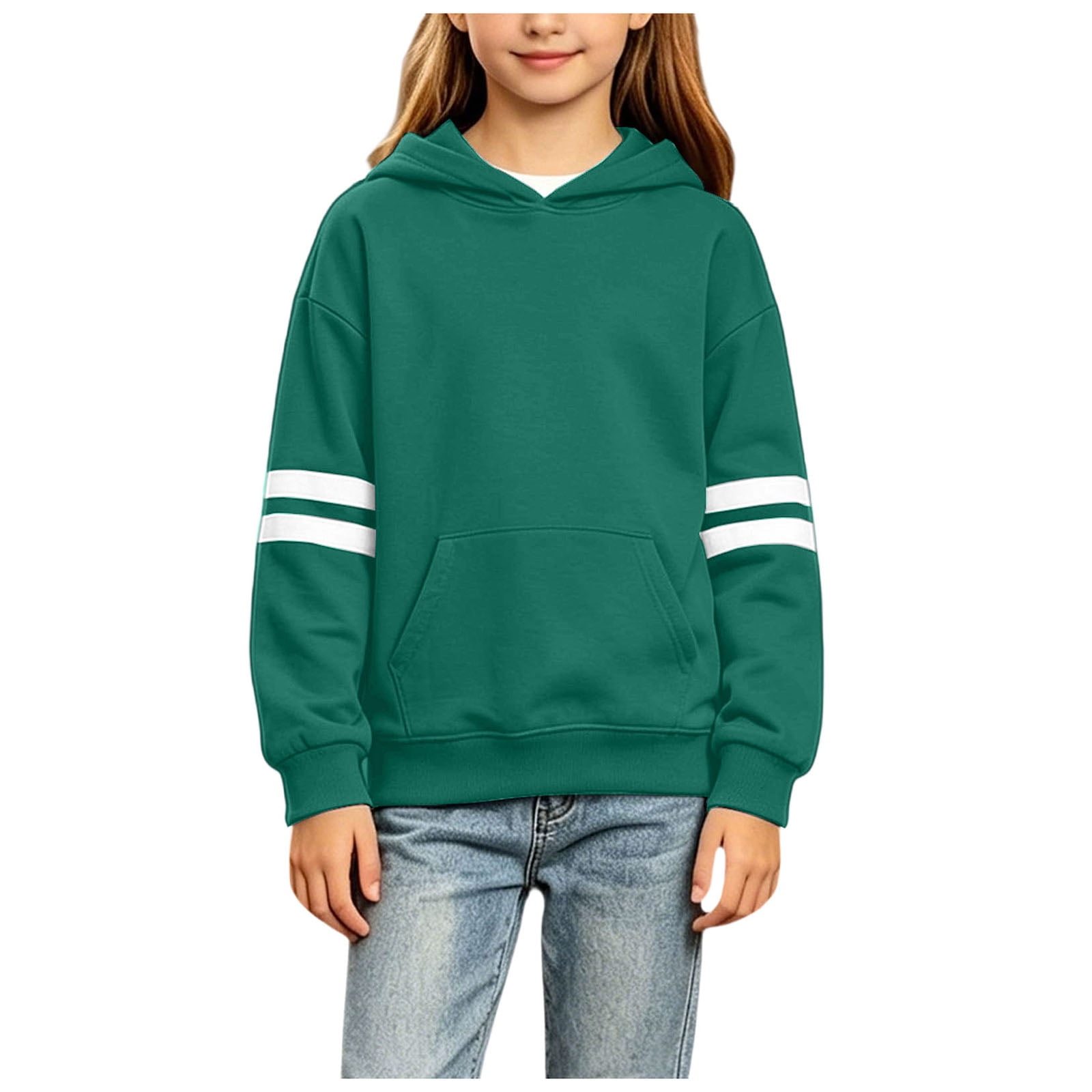 Pandaie Girls Dual Stripe Sleeve Hoodie Pullover Front Pocket Loose Fit Soft Fabric for School Street Daily Look Dark Green 3-4 Years