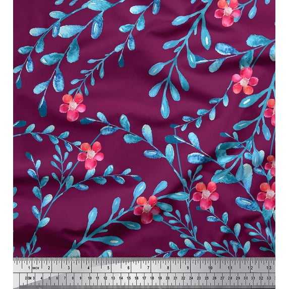 Soimoi Red Cotton Duck Fabric Leaves,Owl & Pink Floral Printed Craft Fabric by The Yard 56 Inch Wide