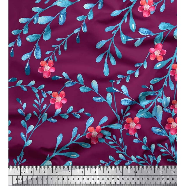 Soimoi Tissu en Poly Georgette Rouge Feuilles, Hibou & Rose Imprimé Floral 1 Yard 42 Pouces de Large