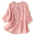 thumbnail image 3 of Dazajoo 3/4 Sleeve Linen Shirts for Women 2025 Summer Retro Embroidered Boho Tops Dressy Casual Notch V Neck Cotton Blouse,Pink,L, 3 of 9