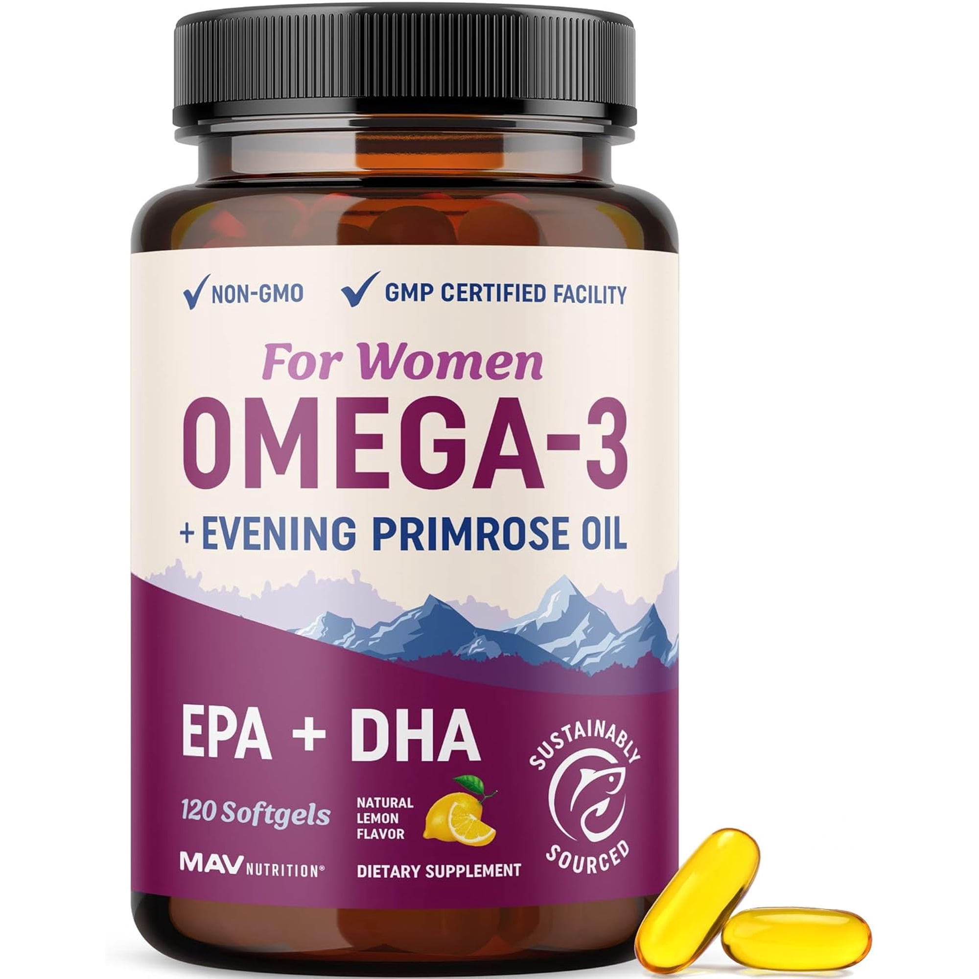 MAV Nutrition Omega-3 Fish Oil Softgels for Women with Evening Primrose Oil, 120 Count