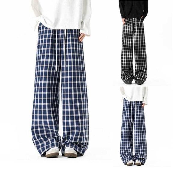 Hinvhai Men's Plaid Pants Streetwear Drawstring Waist Baggy Wide Leg Pants Checkered Trousers Navy XL(XL)