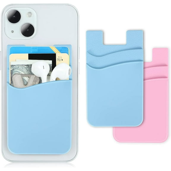 2Pack Phone Wallet,Silicone Credit Card Holder Stick on Double Pocket for Back of Cell Phone case-Sky Blue,Pink