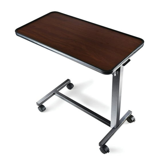 Adjustable Overbed Bed Desk with Wheels for Hospital and Home Use, Dark Walnut