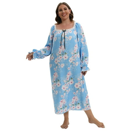 

Women s Plus Size Nightgown Long Sleepwear Floral Printed Long Sleeve Lace Square Neck House Dress Sleepshirts Light Blue XL