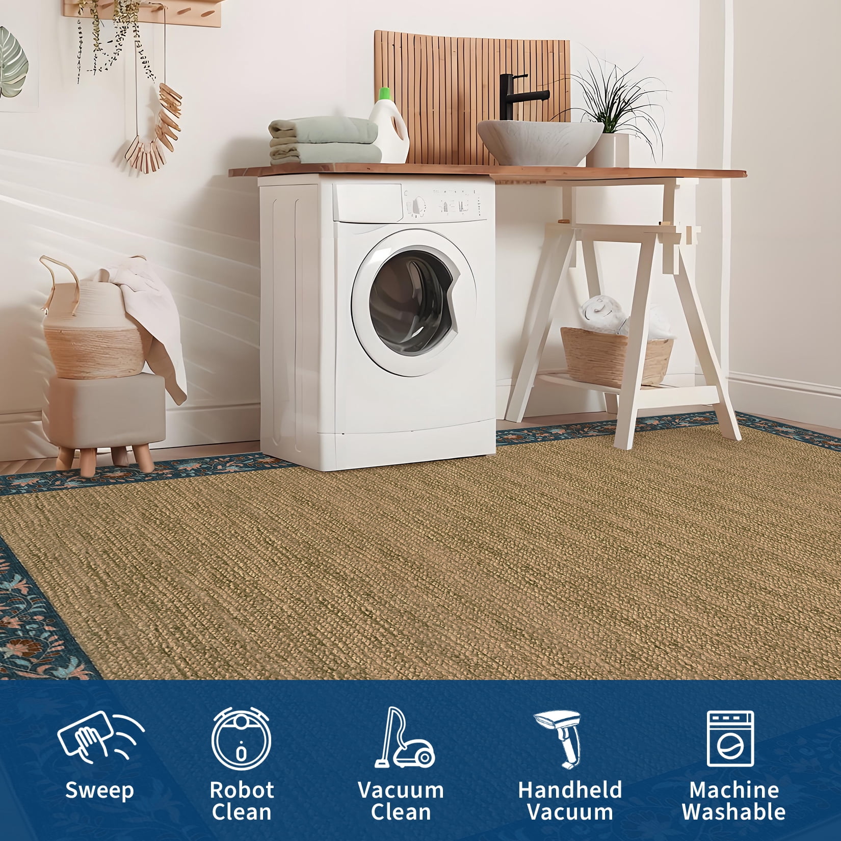 Hasoo 6' x 9' Area Rug for Living Room Washable Modern Simulated Woven Texture Floral Bordered Non Shedding Neutral Indoor Decor Carpet, Navy