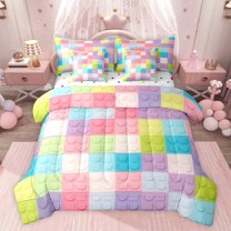 jejeloiu Colorful Building Blocks 7-Piece Twin Bedding Sets,Abstract Geometric Plaid Bedding Comforter Set,Rainbow Checkered Sheet Sets For Girls Boy,Breathable Home Decor Reversible