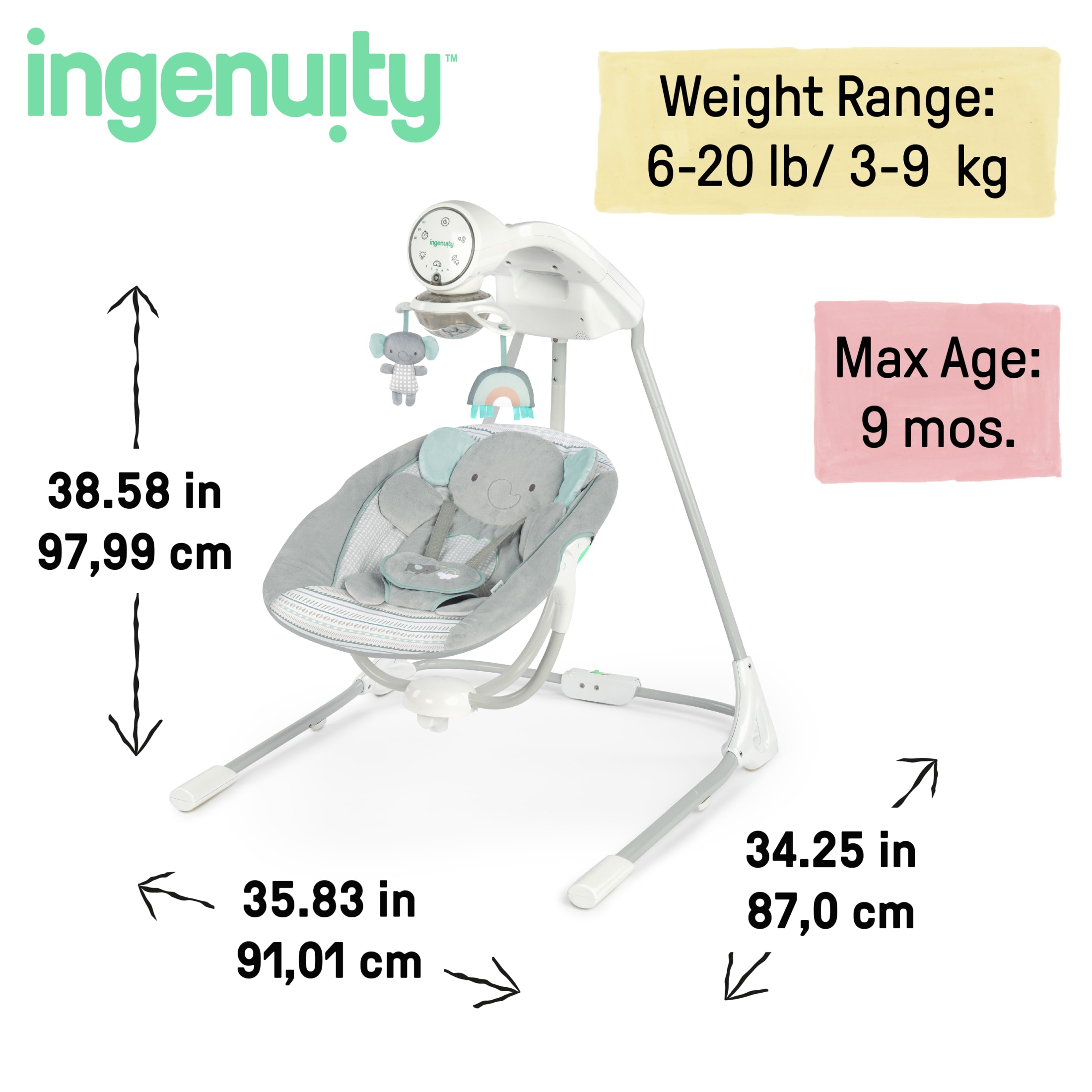 Ingenuity InLighten Motorized Baby Swing, Gray photo 6
