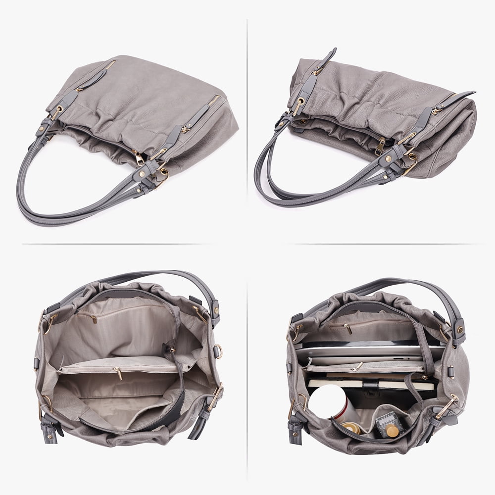 Capamaster Slouchy Hobo Handbag for Women, Soft Faux Leather Shoulder Purse with Top Handles and Front Zipper Pockets, Gray