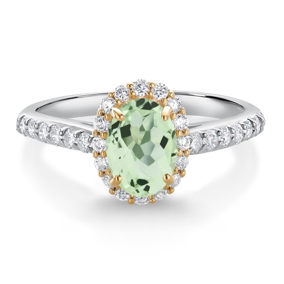 Gem Stone King 10K White Gold Green Prasiolite White White Lab Grown Diamond Halo Engagement Ring for Women (1.06 Cttw, Oval 7X5MM, Gemstone, Size 5)