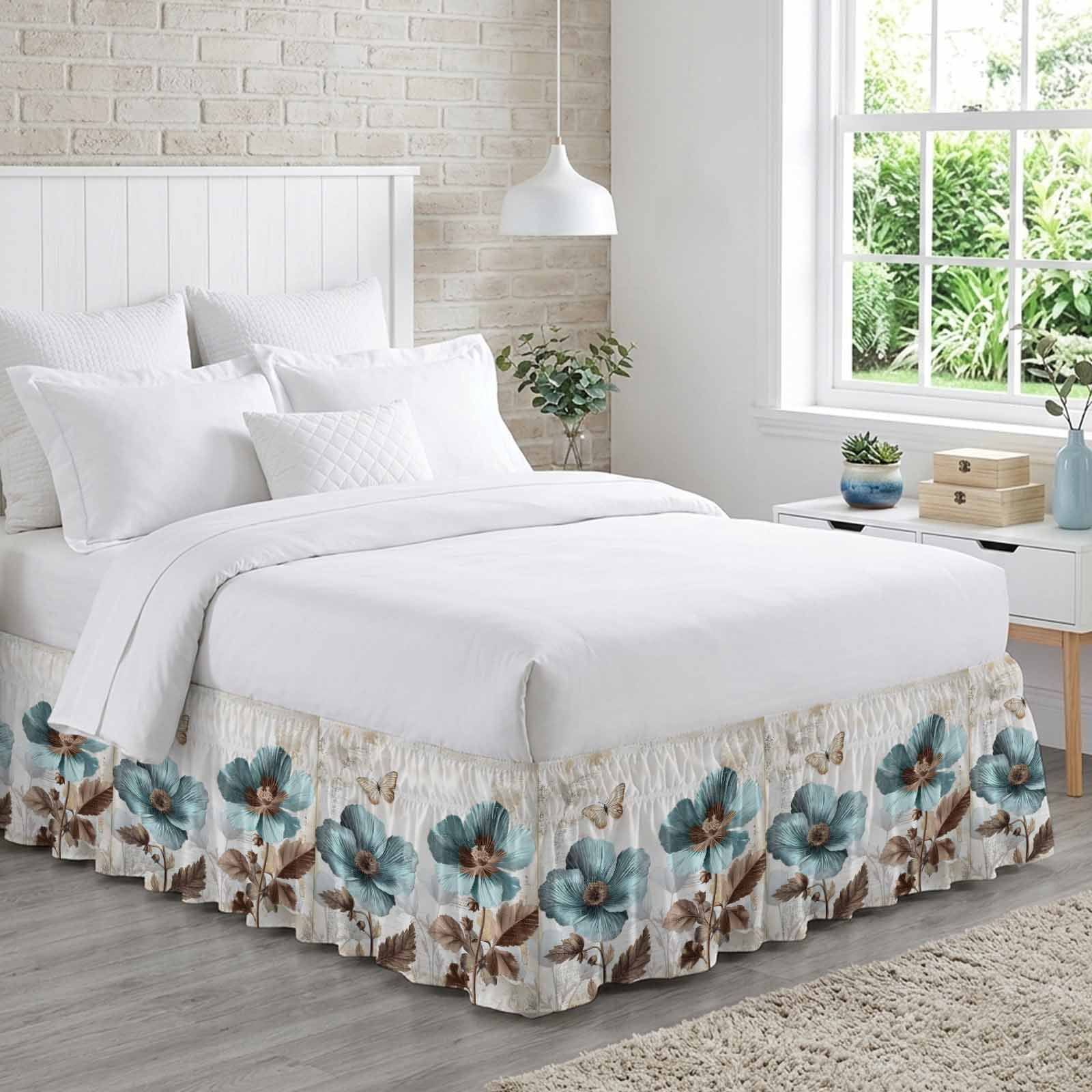 Vintage Flowers Bed Skirt Queen Size 18 Inch Drop, Adjustable & Elastic Wrap Around Bed Skirts Pleated Luxury Dust Ruffles For Twin Full Queen Cal King Base Beds, Teal Blue Floral Nature Butterfly