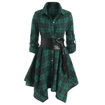 Womens Plaids Shirt Mini Dress Long Sleeve Turndown Collar Button Down Dress Casual Irregular Hem Dress With Belt