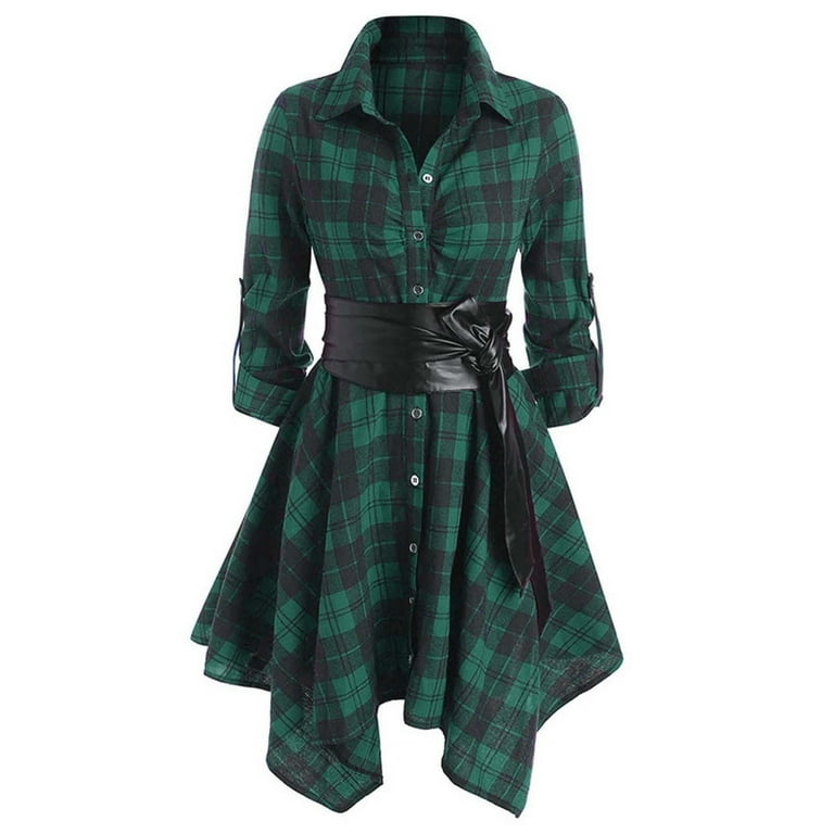Bpmpbo Women's Plaid Shirt Dress with Tie Waist, Long Sleeve Button Down  High Low Dress with Asymmetrical Hem - Walmart.com