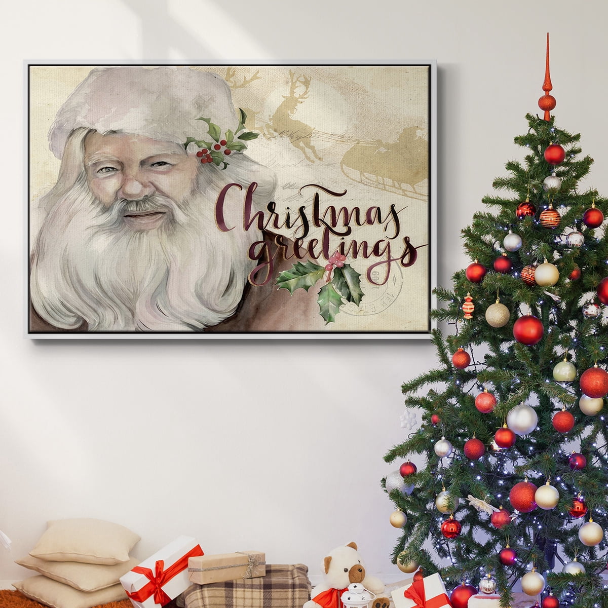 Christmas Greetings Collection A - Framed Gallery Wrapped Holiday Canvas - 17 x 25 - White Frame