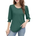 thumbnail image 5 of bbyeadc Women's 2025 Fashion T-Shirts Round Neck Puff Cuff Pleated Shirts Three Quarter Sleeve Dressy Casual Loose Basic Trendy Tops Summer Basic Business Tshirts Clothes, Dark Green S, 5 of 7