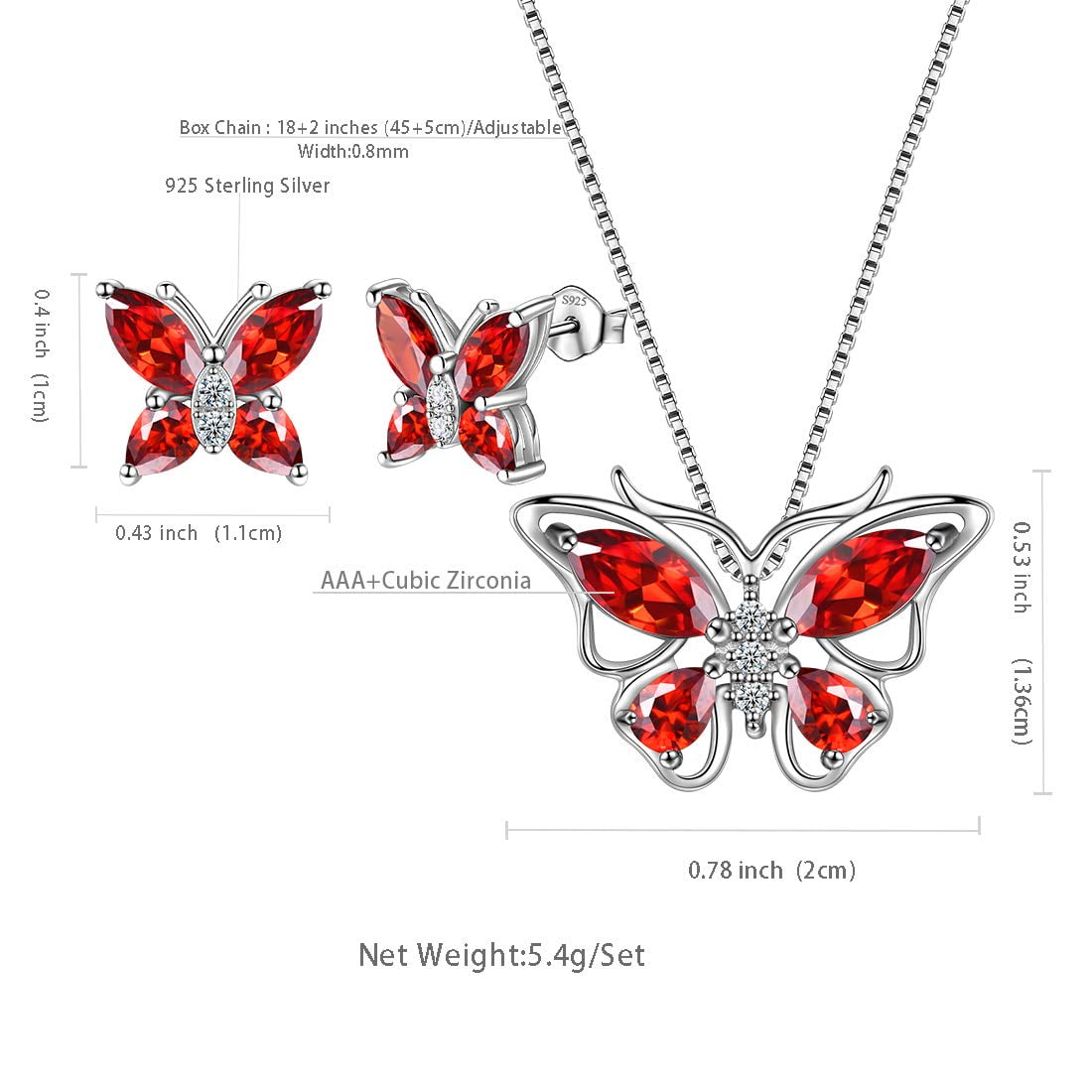 Red Butterfly Jewelry Garnet January Birthstone Jewelry Set Fine Necklace Earrings 925 Sterling Silver Women Birthday Mother's Day Gift