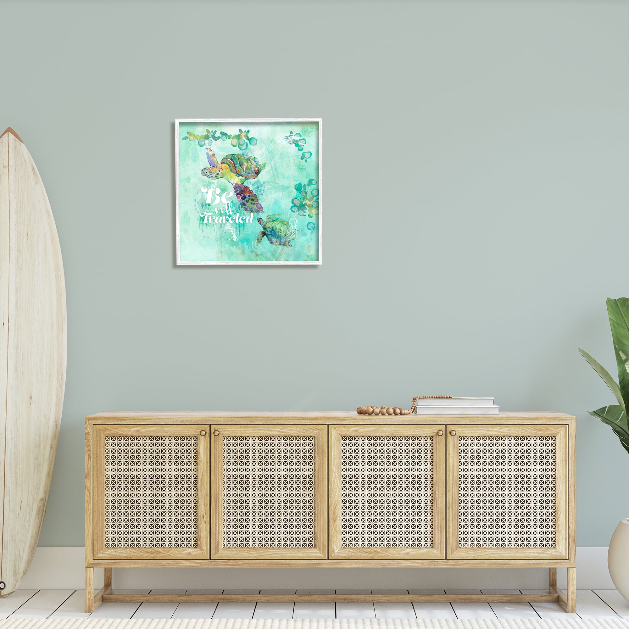 Stupell Be Well Traveled Sea Turtle Swimming Landscape Painting White Framed Art Print Wall Art