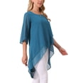 thumbnail image 4 of INSPIRE CHIC Women's Round Neck 3/4 Ruffle Split Sleeve High Low Asymmetrical Chiffon Tunic Blouse Peacock Blue M, 4 of 6