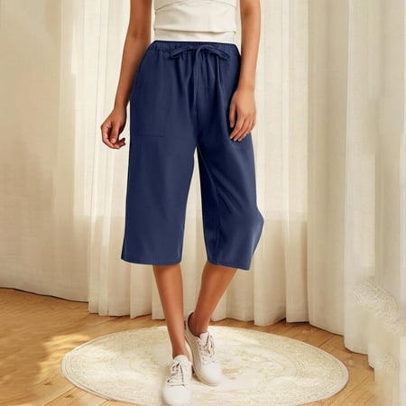 Ndbuld Women s Cargo Capris Pants with 6 Pockets Fashion Women Summer Bandage Casual Loose Pockest Elastic Waist Trousers Capris Pants NavyL