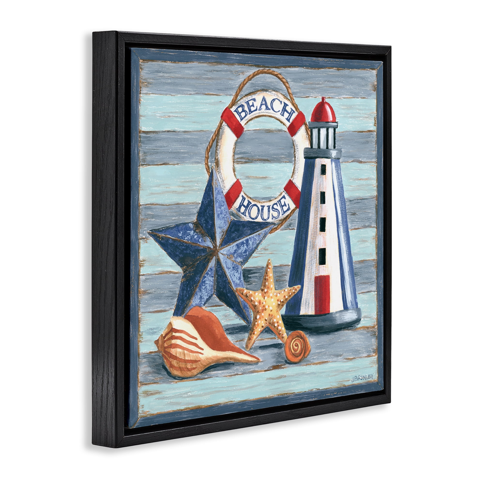 Stupell Industries Rustic Beach House on Stripes Nautical & Beach Painting Black Floater Framed Canvas Art Print Wall Art, 18 x 18
