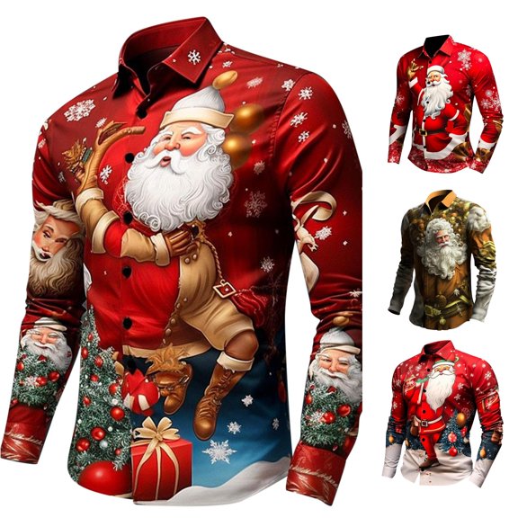 Trendfront Mens Santa Graphic T Shirts Long Sleeve Christmas Character Portrait All Over Print Crewneck Winter Holiday Novelty Tee Tops