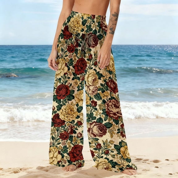 Gamivast Womens Swimsuit Cover up Pants Graphic Beach Sheer Coverups Flowy Boho Elastic Waist Wide Leg Bathing Suits Vacation Swimwear Summer Outfits