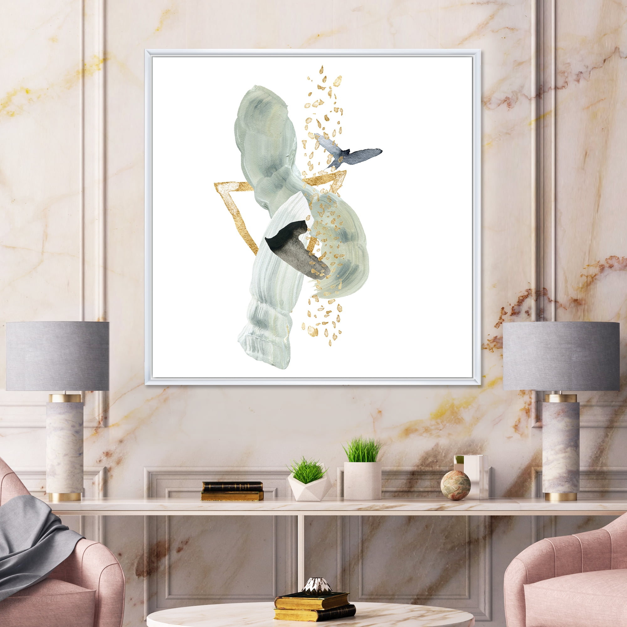 Designart 'Abstract Golden Mountain With Bird and Moon' Modern Framed Canvas Wall Art Print