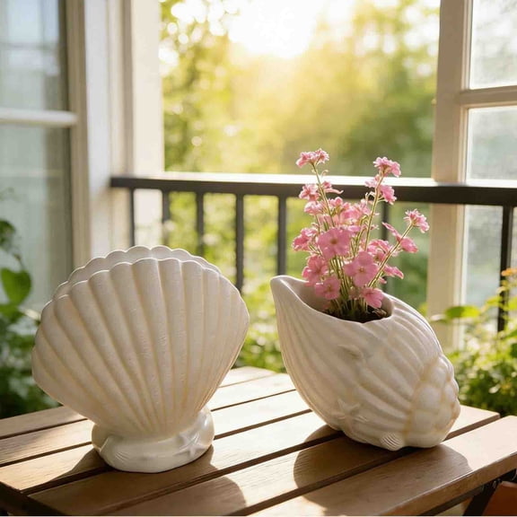 Dongrere Coastal Seashell Ceramic Floraler, White Nautical Floral Pot for Flower Indoor Windowsill & Beach Style Home Decor