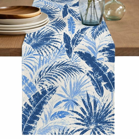 Table Runners 120 Inches Long Dress Scarves, Navy Blue Leaves Farmhouse Coffee/Dining/Kitchen Table Decor Table Runner for Living Room, Summer Botanical Tropical Watercolor 13x120 Inch
