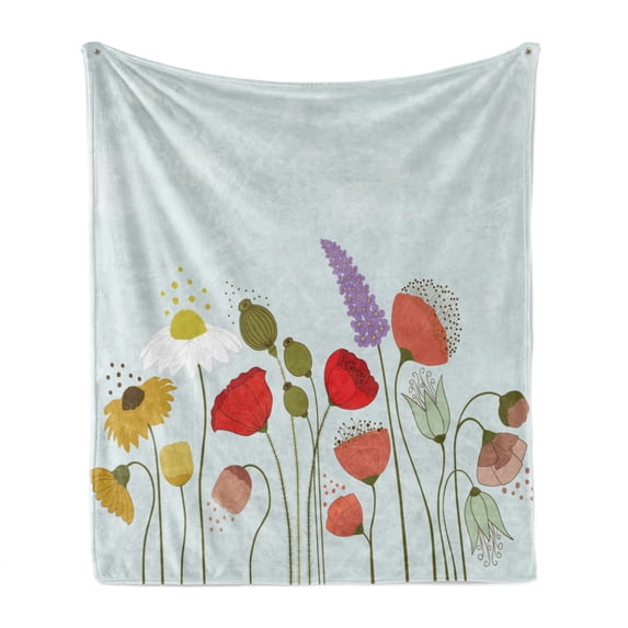 Flower Soft Flannel Fleece Blanket, Daisy and Peonies Pattern on Pale Blue Background Spring Cottage Nature Illustration, Cozy Plush for Indoor and Outdoor Use, 60" x 80", Multicolor, by Ambesonne